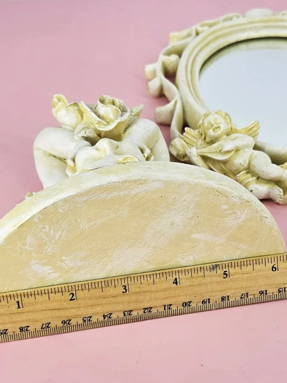 Set 3 Cherub Baroque Wall Shelves Oval Angelic Mirror Romantic Shabby VTG White